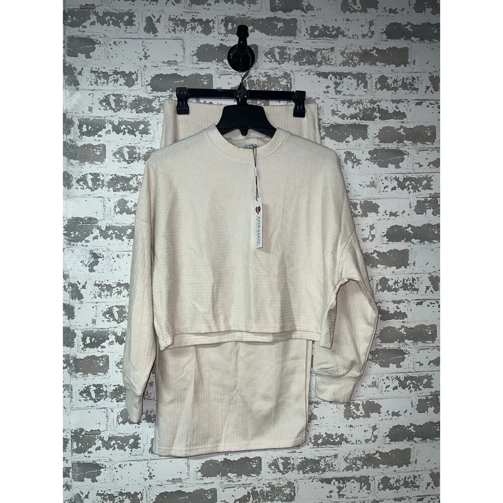 NWT! KATE KASIN Sweater Midi Skirt Set Medium Cream Ribbed Knit Two Piece Outfit
